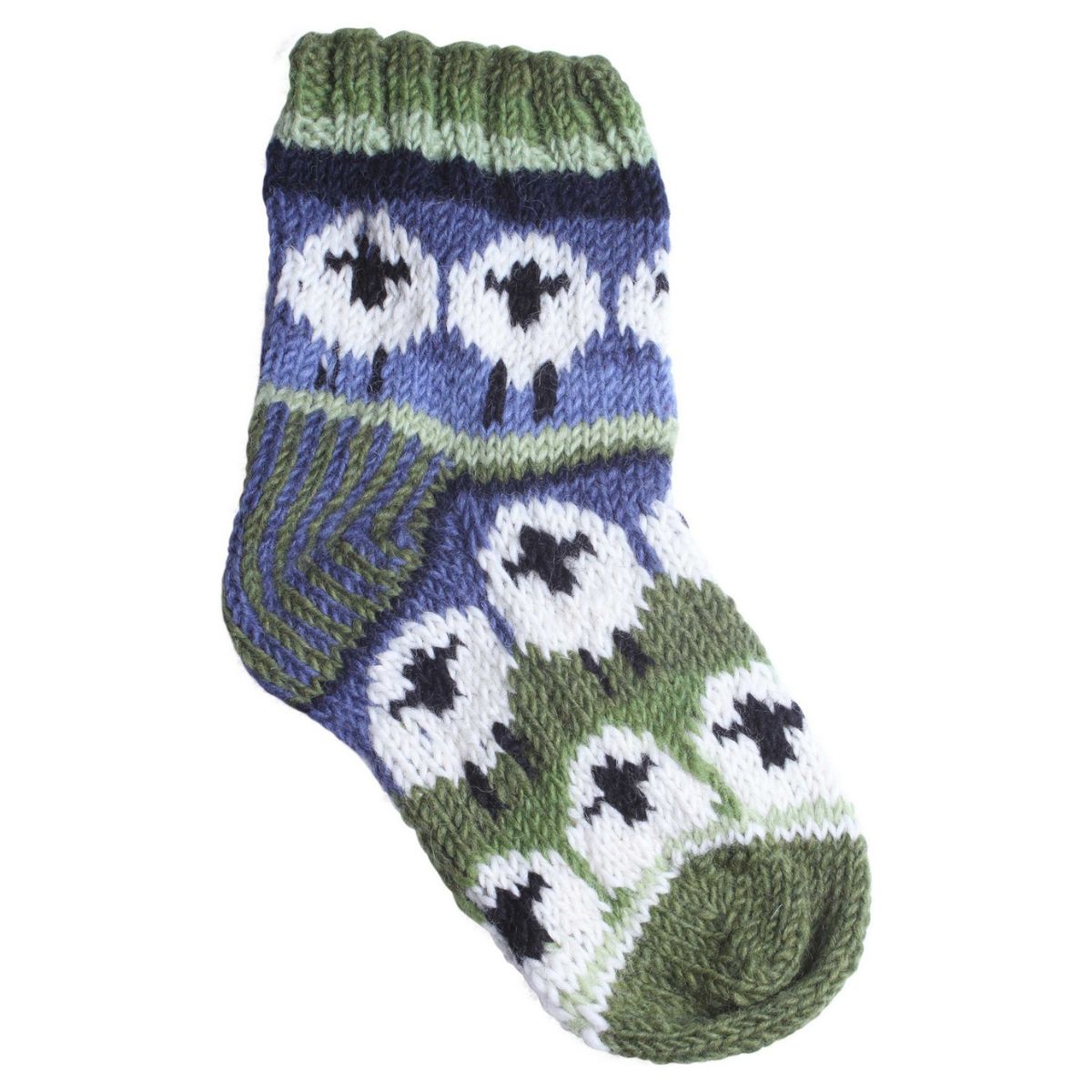 Knitted sock with sheep pattern on a white background