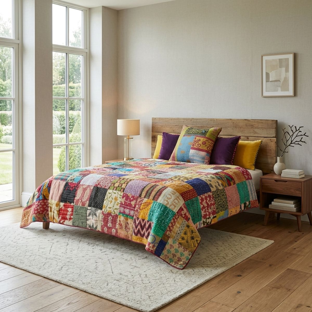 Bedroom with a colorful patchwork quilt on a bed, wooden headboard, and side table.