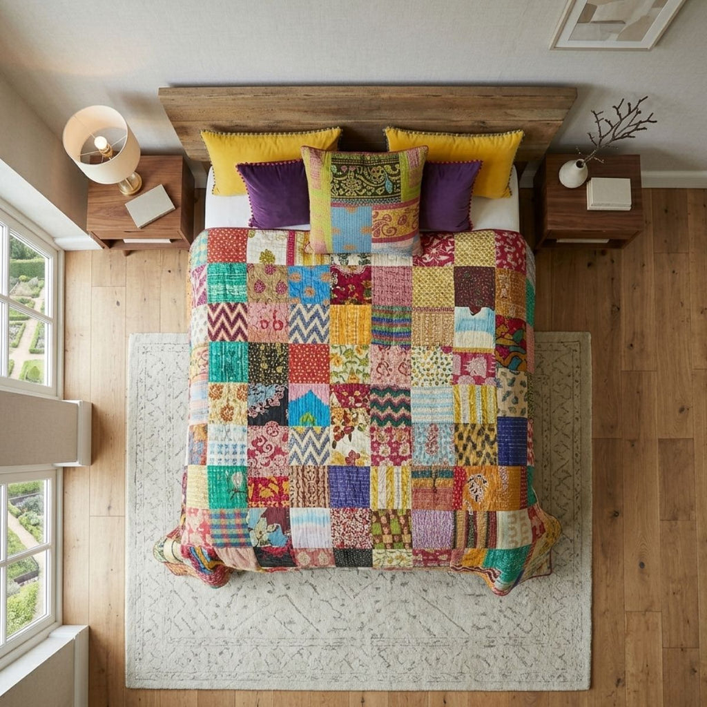Bedroom with a colorful patchwork quilt on a wooden bed