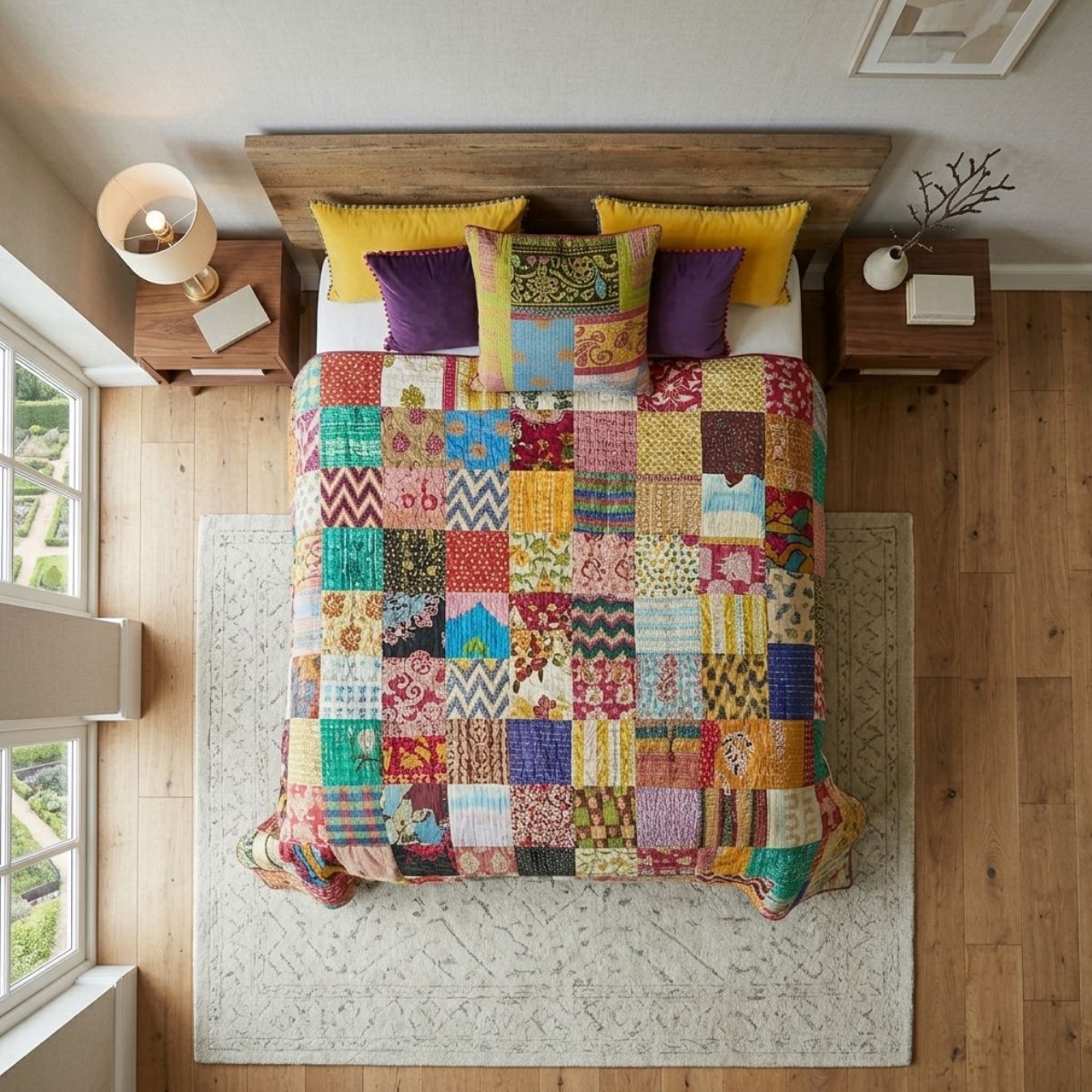 Bedroom with a colorful patchwork quilt on a wooden bed