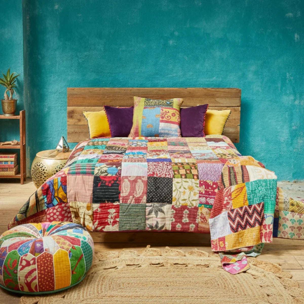 Bed with colorful patchwork quilt and pillows against a teal wall.