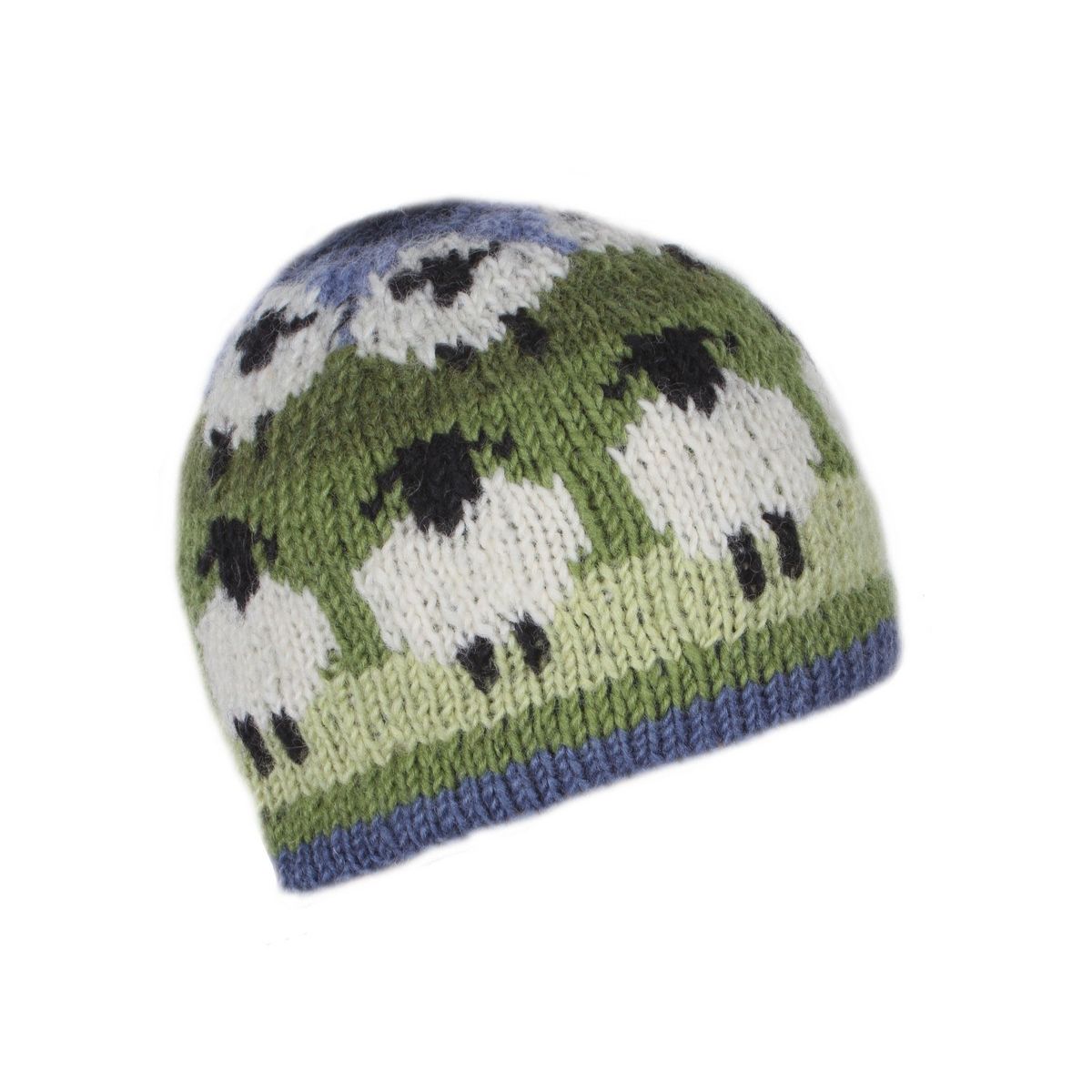 Knitted hat with sheep pattern on a white background