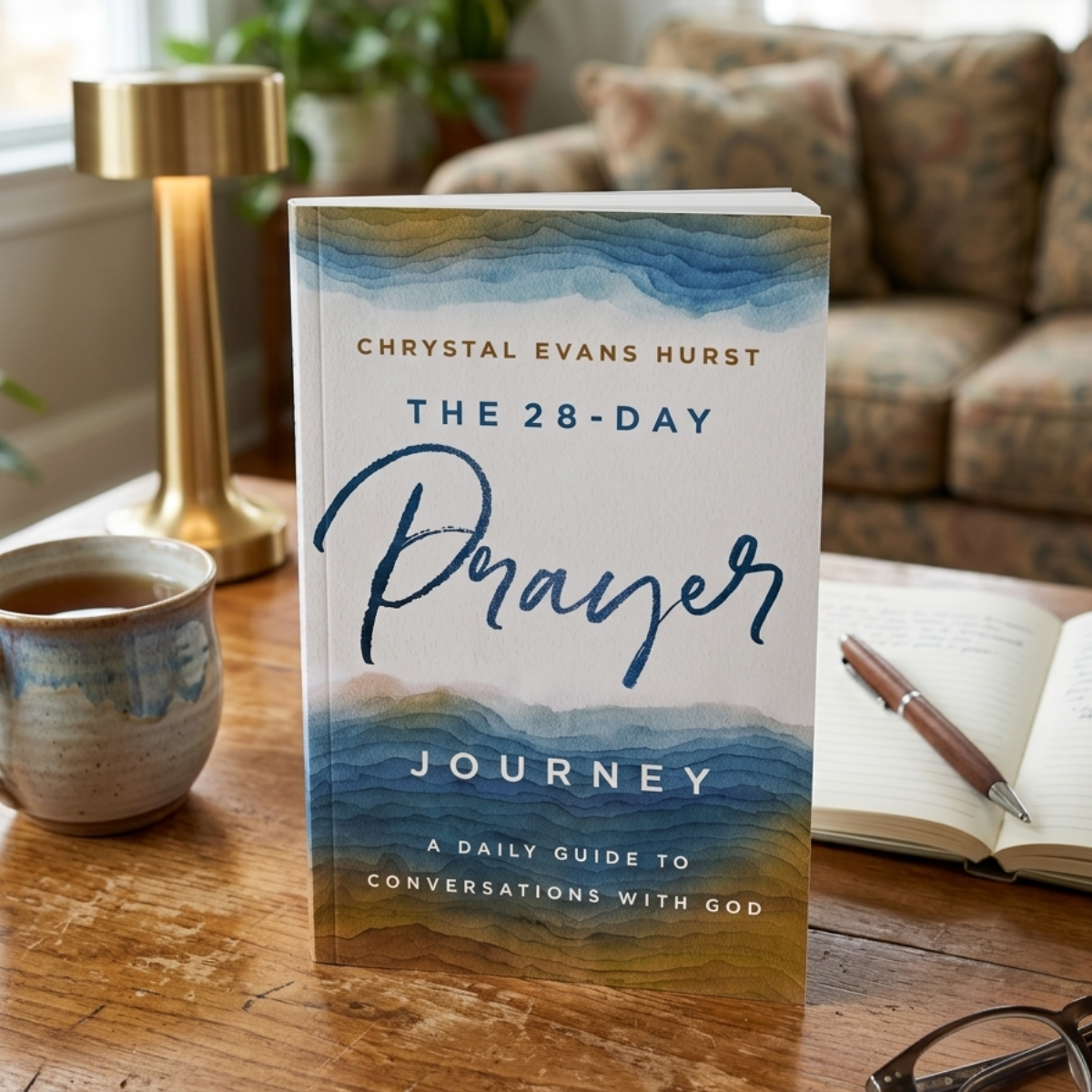 The 28 day prayer journey book displayed on a coffee table in a lounge room. 