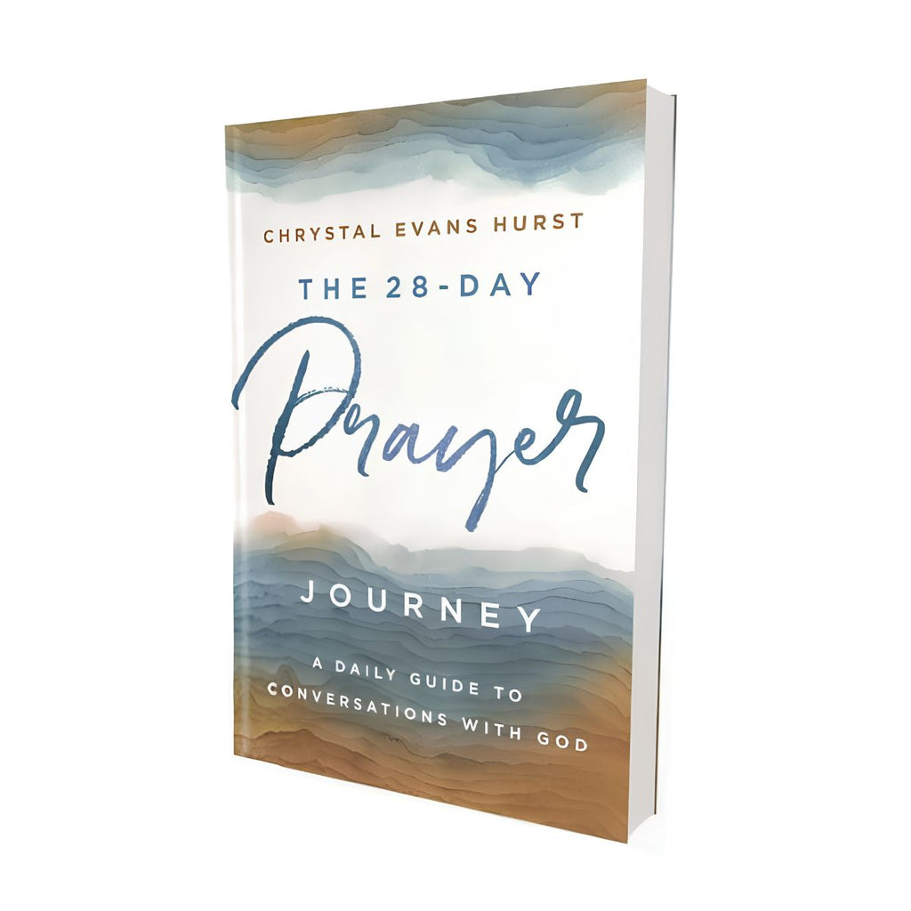 The 28-Day Prayer Journey book by Chrystal Evans Hurst, featuring a white cover with a watercolor landscape design in blue and beige tones.