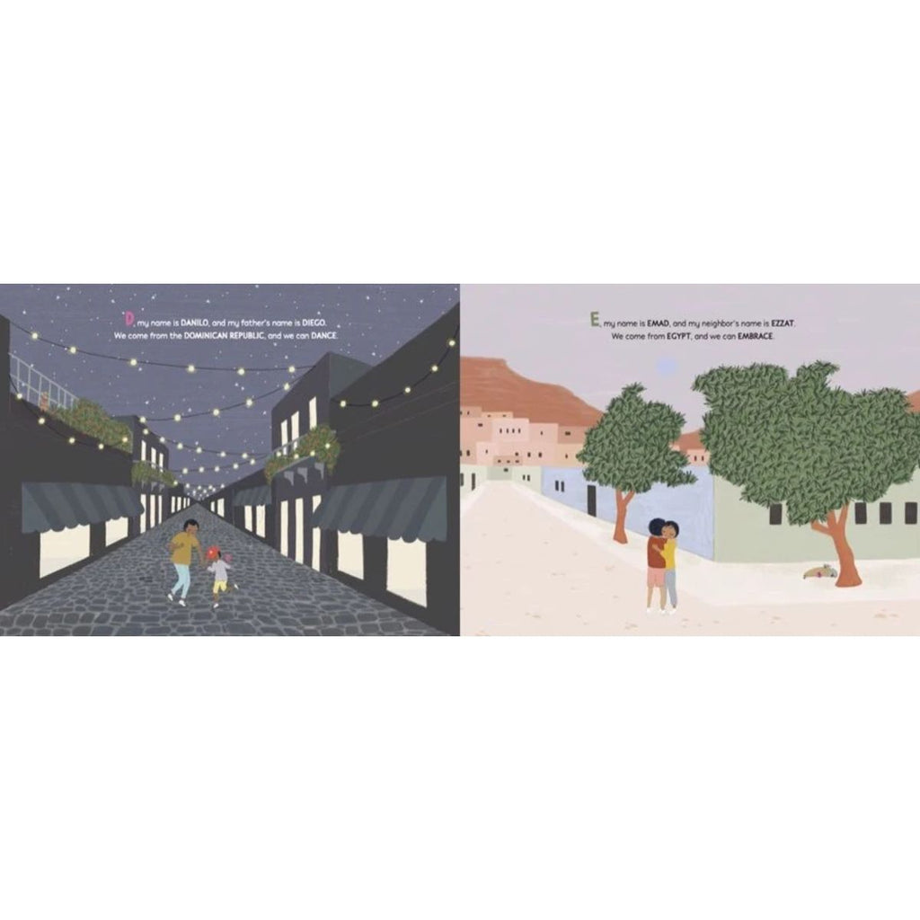 A two-panel travel illustration spread showing a nighttime street scene on the left and a daytime town scene on the right, with small figures walking and standing under trees. There is text at the top of each panel, but no visible brand.