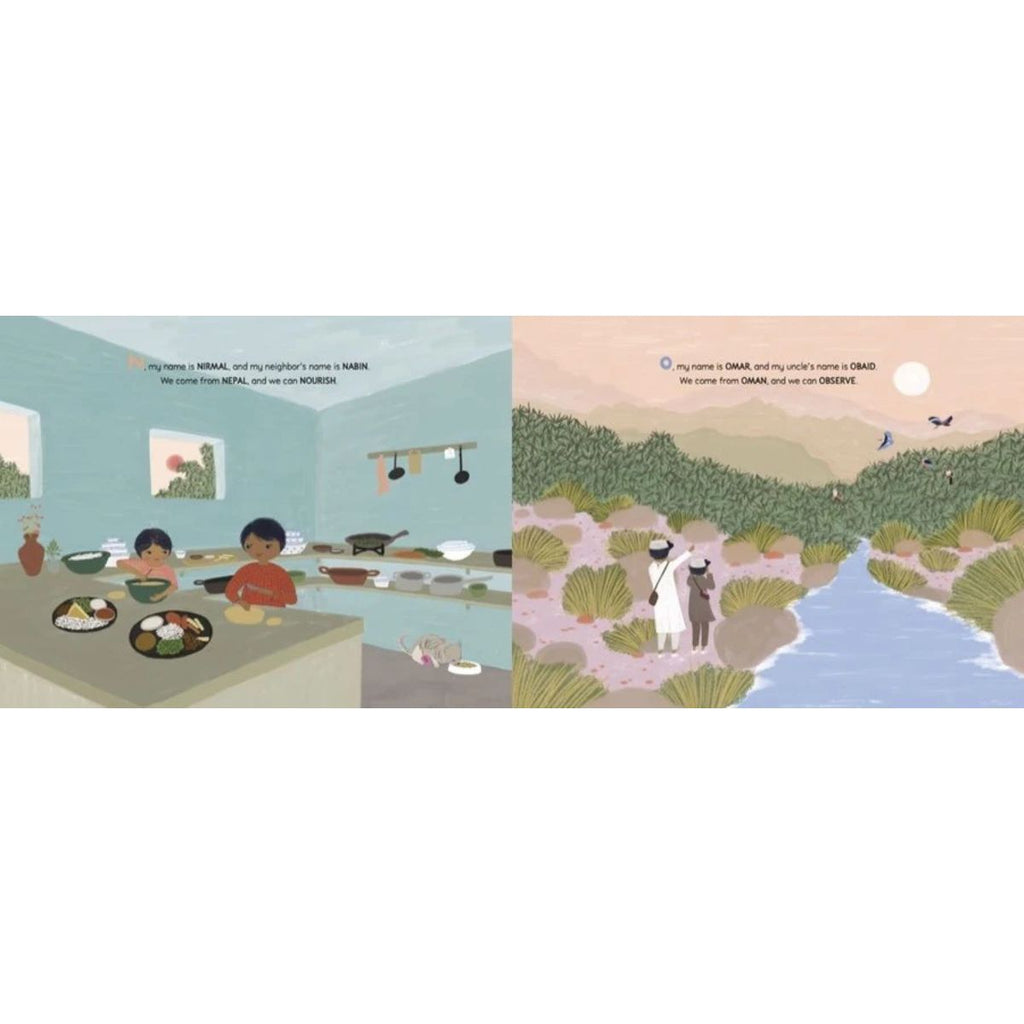 A children's book or illustrated print shown in two side-by-side panels. The left panel depicts a kitchen scene with two children at a table, and the right panel shows an outdoor landscape with two children walking beside a river.