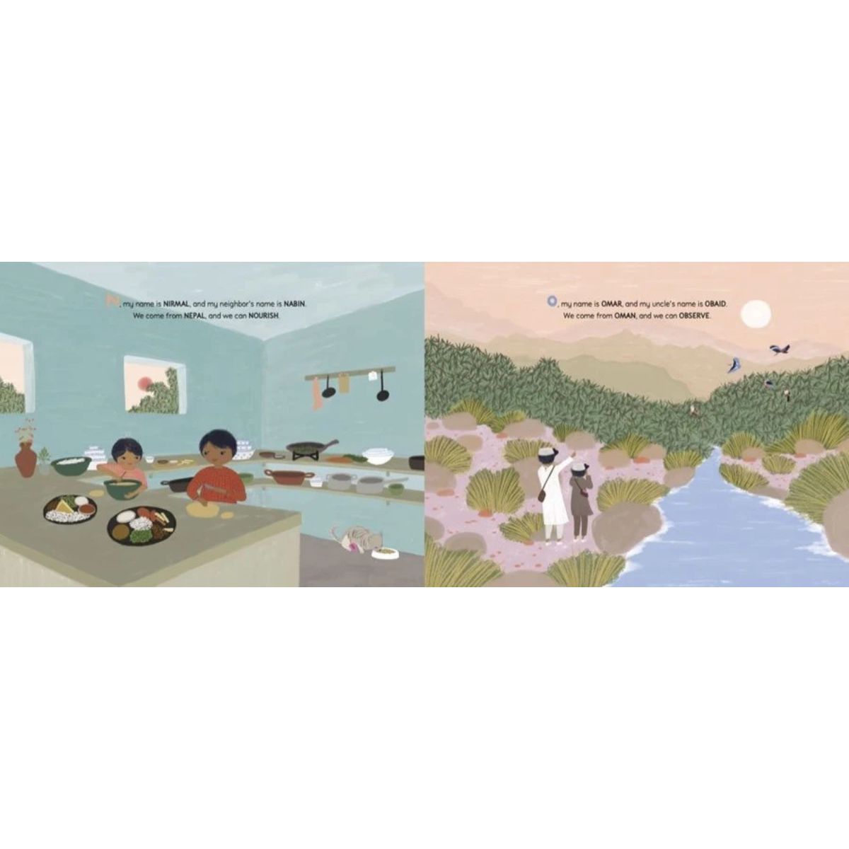 A children's book or illustrated print shown in two side-by-side panels. The left panel depicts a kitchen scene with two children at a table, and the right panel shows an outdoor landscape with two children walking beside a river.
