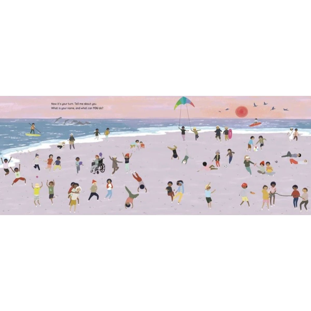 A wide, low illustration of a beach scene with many small people, waves, a pink sky, a red sun, and a colorful kite. This appears to be the artwork itself rather than a photo of a physical product in a room, so the best fit is Scenery.