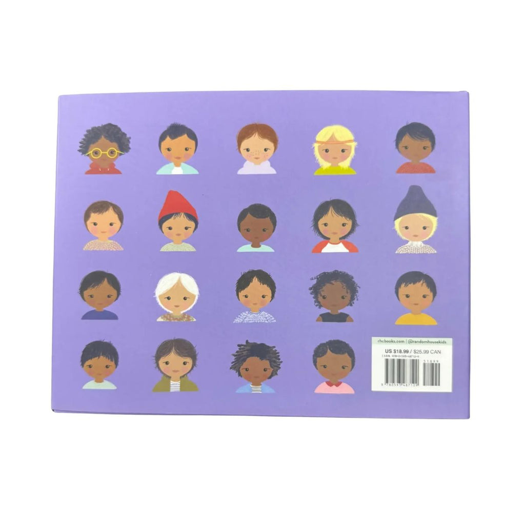 A square purple card or sticker sheet featuring a grid of 20 cartoon children's faces in diverse colors and hairstyles, with a barcode label in the bottom right corner, shown on a white background.