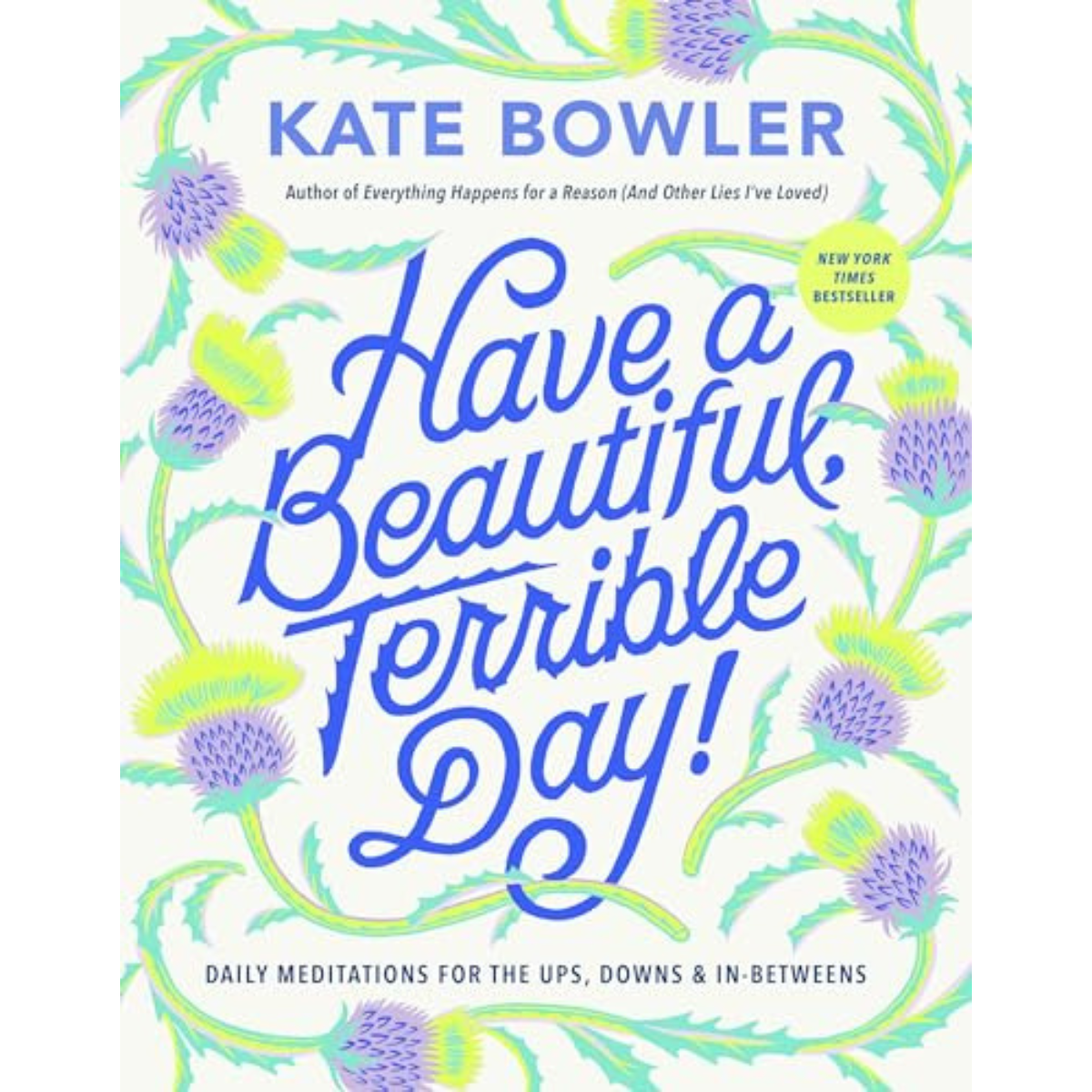 Book cover of 'Have a Beautiful, Terrible Day!' by Kate Bowler, featuring blue script title text over a white background decorated with light green vines and purple thistle illustrations.