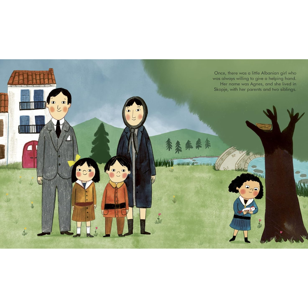 A children's book illustration showing a family of five standing in a grassy outdoor scene with a house, trees, and a small figure near a tree on the right. The page includes a block of text in the upper right.