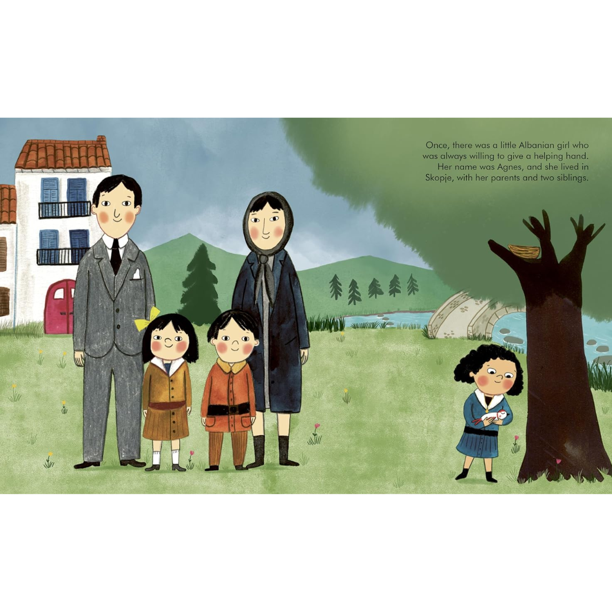 A children's book illustration showing a family of five standing in a grassy outdoor scene with a house, trees, and a small figure near a tree on the right. The page includes a block of text in the upper right.