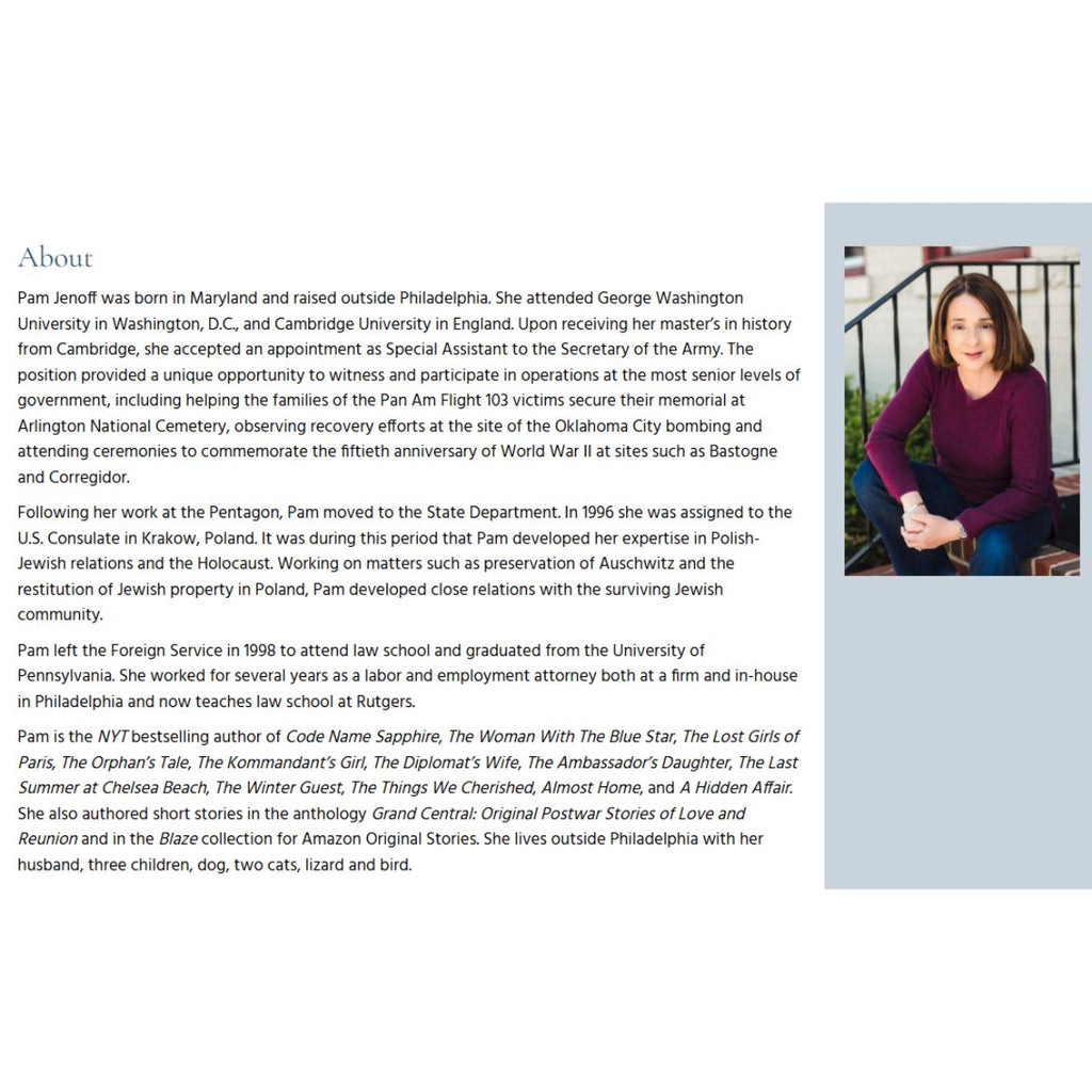 A text-heavy profile page with a photo of a woman standing outdoors on the right side. The page includes the heading 'About' and a portrait of a woman in a white top against a green background.
