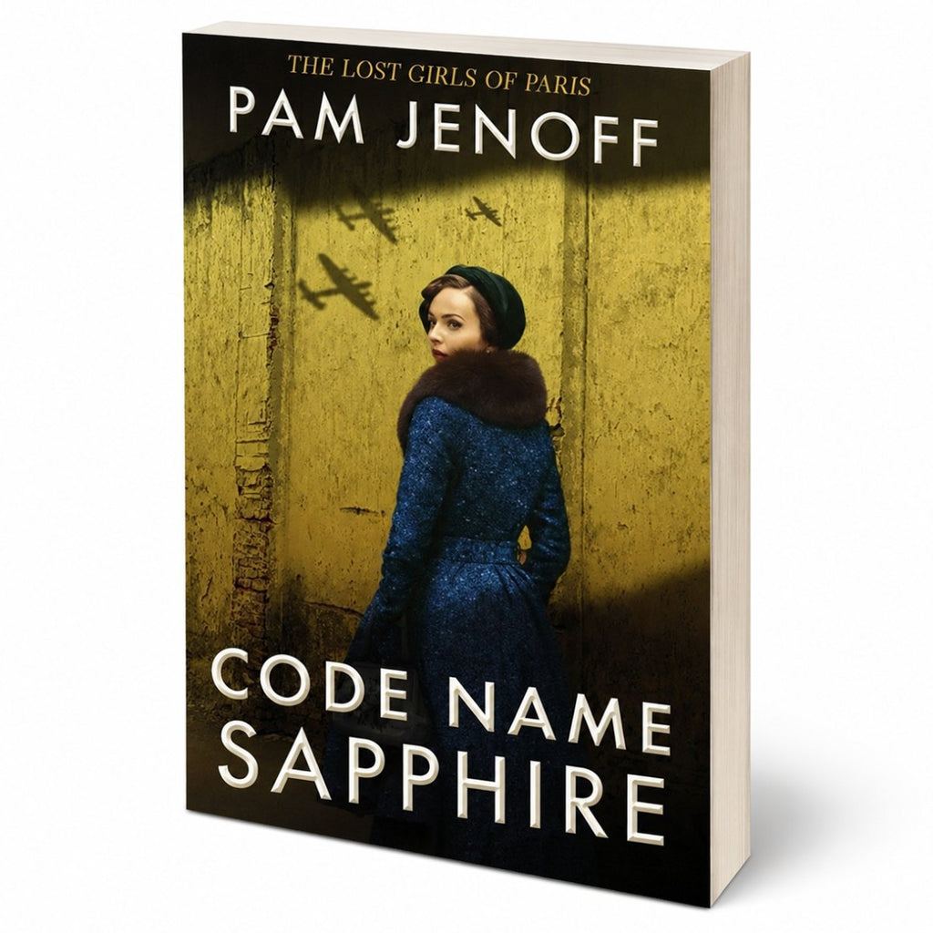 A 3D mockup of a book, 'Code Name Sapphire' by Pam Jenoff, showing the front cover and spine against a plain white background.