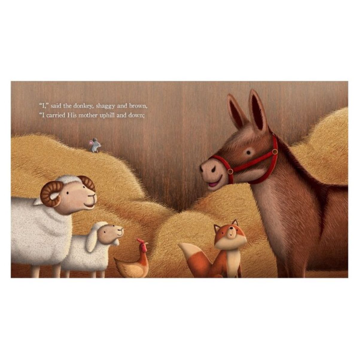 A children's book illustration showing farm animals in a barn: a brown donkey with a red bridle, a white sheep and lamb, a small chicken, and an orange fox. Prescribed text appears on the left against a wood-toned barn wall and golden haystacks.