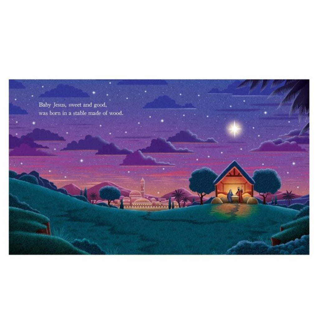 A square art print or card featuring a stylized night nativity scene with a glowing stable, starry purple sky, hills, and the text, 'Baby Jesus, sweet and good, was born in a stable made of wood.'.