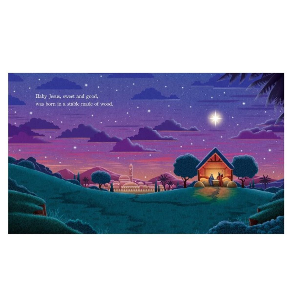A square art print or card featuring a stylized night nativity scene with a glowing stable, starry purple sky, hills, and the text, 'Baby Jesus, sweet and good, was born in a stable made of wood.'.