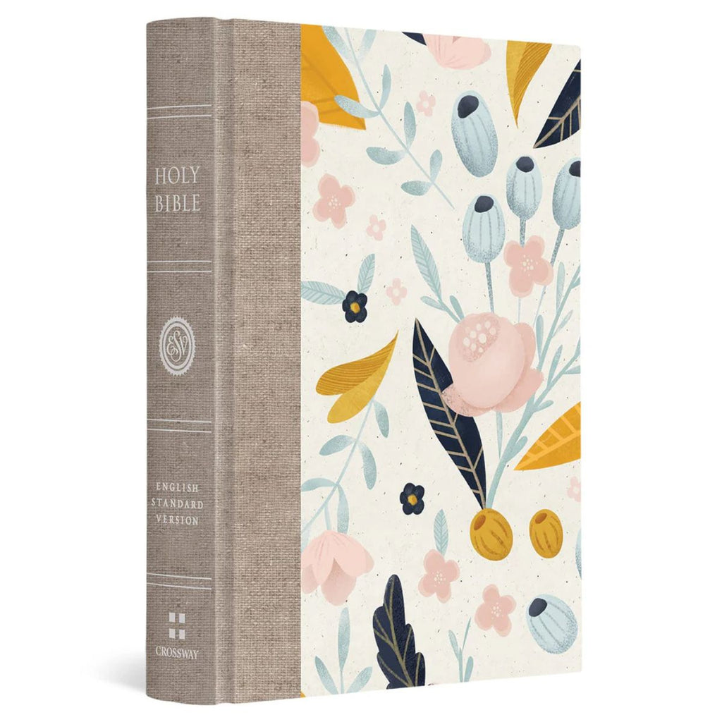 Holy Bible with a textured taupe-brown linen spine and a cream-colored front cover decorated with a botanical pattern in pink, mustard yellow, light blue, and navy.