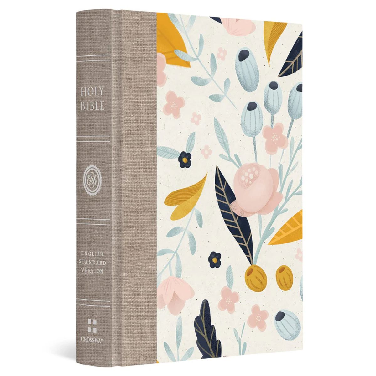 Holy Bible with a textured taupe-brown linen spine and a cream-colored front cover decorated with a botanical pattern in pink, mustard yellow, light blue, and navy.