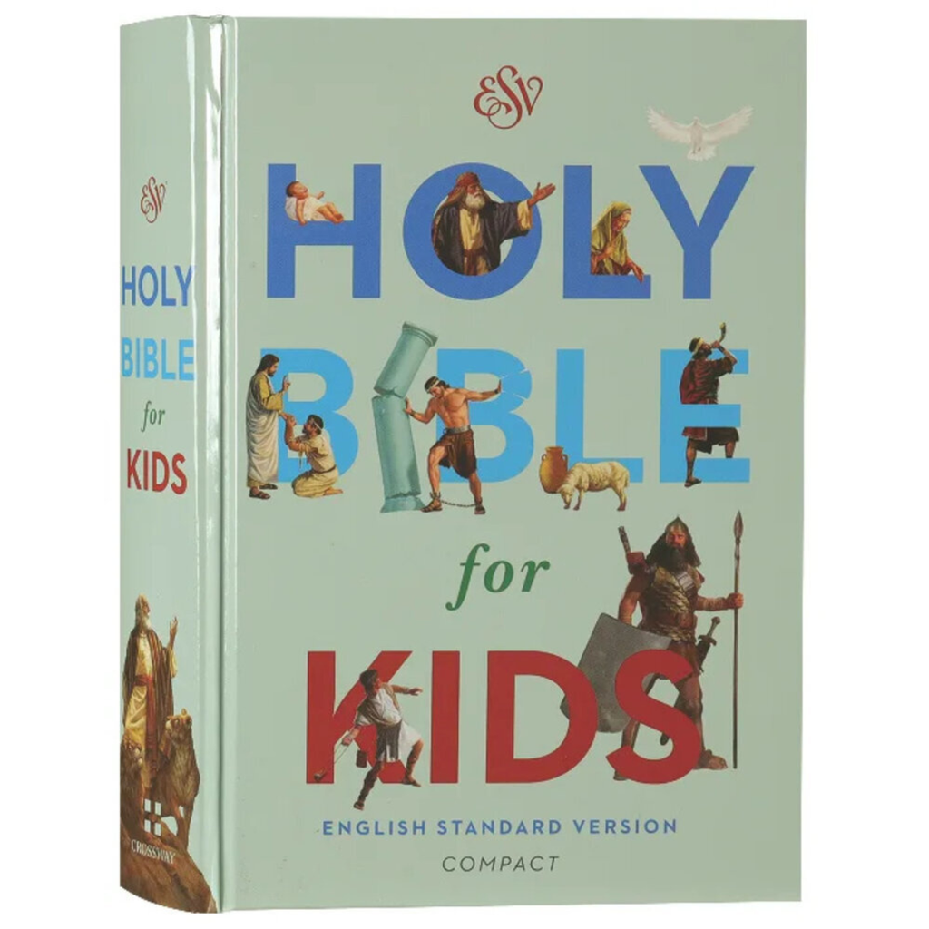 Holy Bible for Kids compact in the English Standard Version, featuring a light sage green cover with colorful illustrations and large blue and red title text.