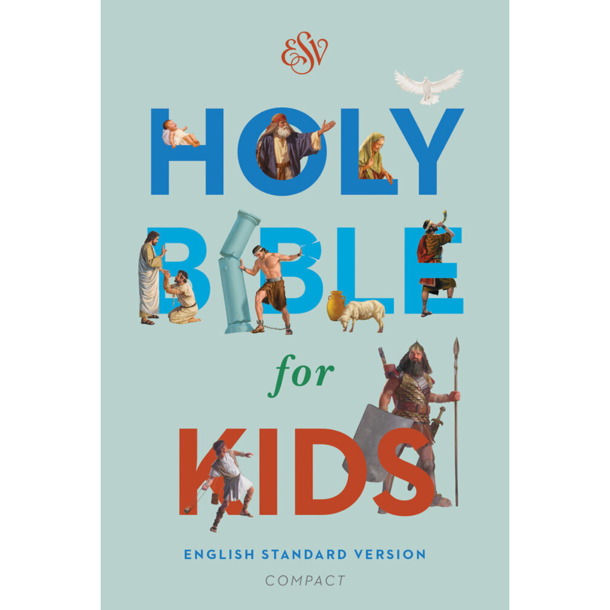 Front cover of the Holy Bible for Kids Compact English Standard Version book, featuring a light blue background with colorful biblical illustrations and text.