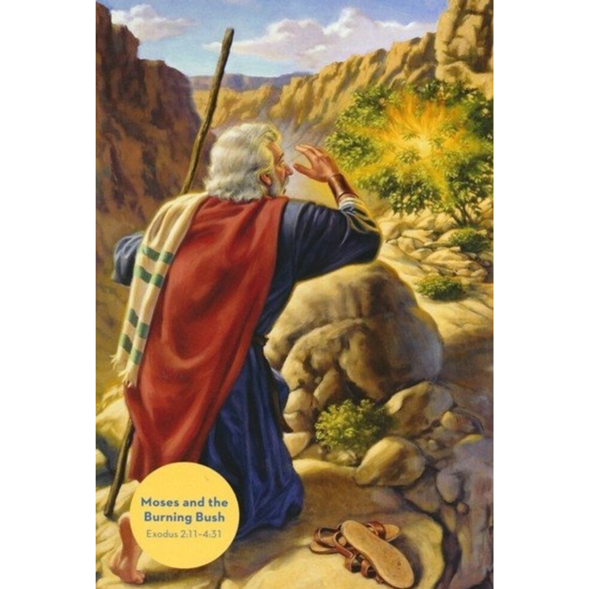 Religious art print depicting Moses looking at the burning bush in a canyon landscape, with a yellow circle at the bottom reading 'Moses and the Burning Bush Exodus 2:11-14:51'.
