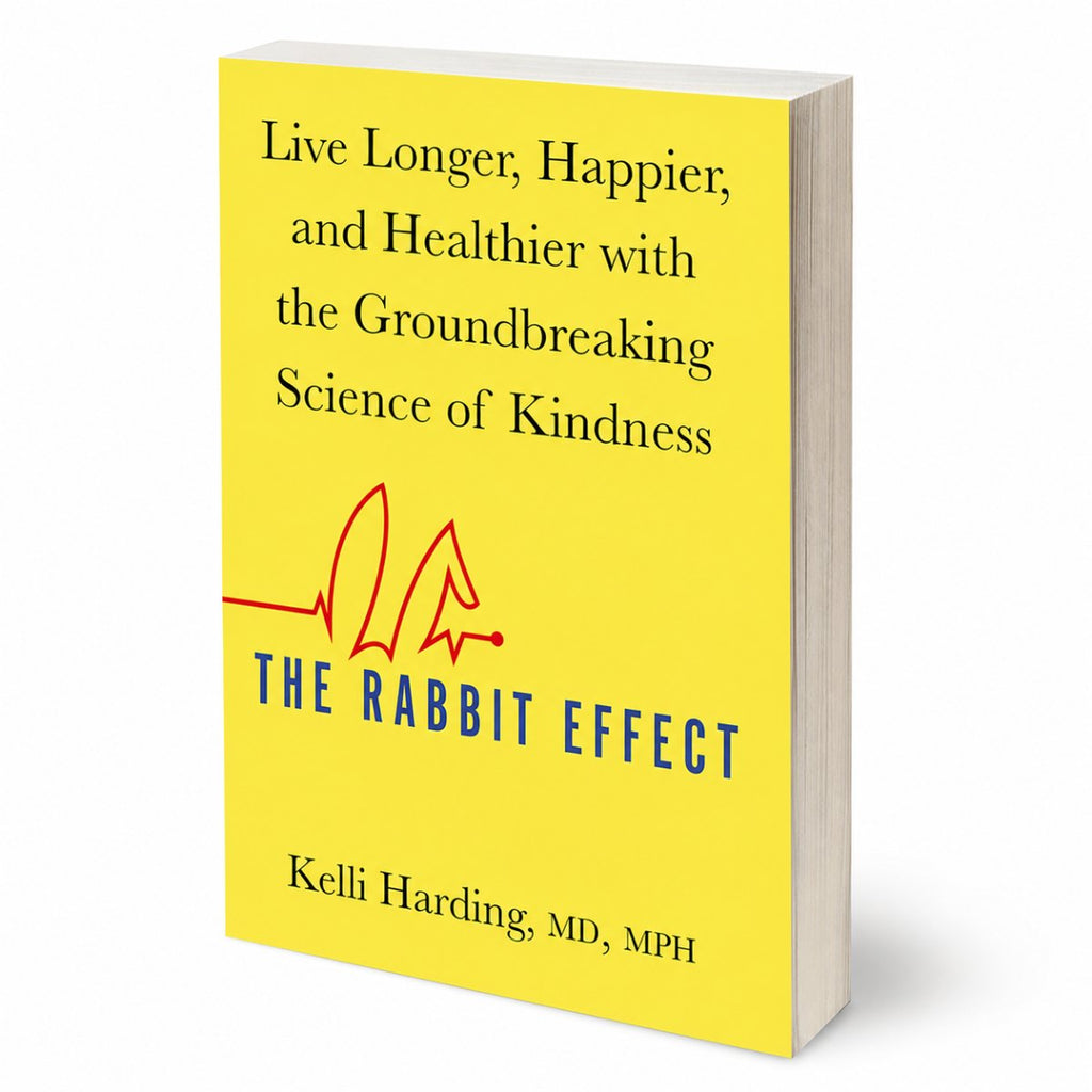 The book cover of 'The Rabbit Effect' by Kelli Harding, MD, MPH, featuring a bright yellow background with black and blue text and a red rabbit graphic, shown on a white background.