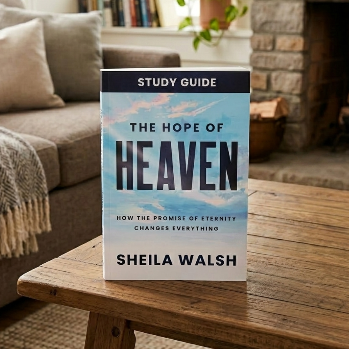 The hope of heaven study guidebook displayed on a coffee table in a home. 