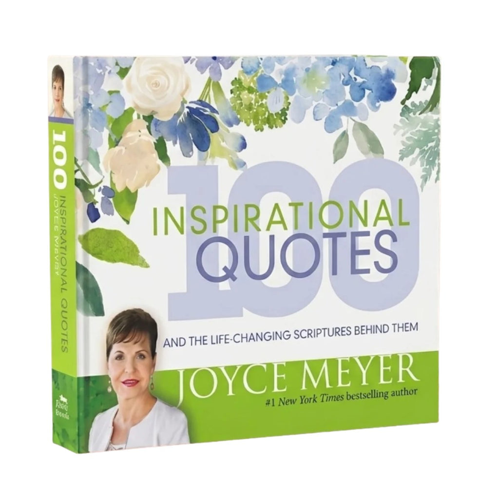 The book '100 Inspirational Quotes' by Joyce Meyer, featuring a white cover decorated with blue and green floral illustrations, a photo of the author, and a green spine.