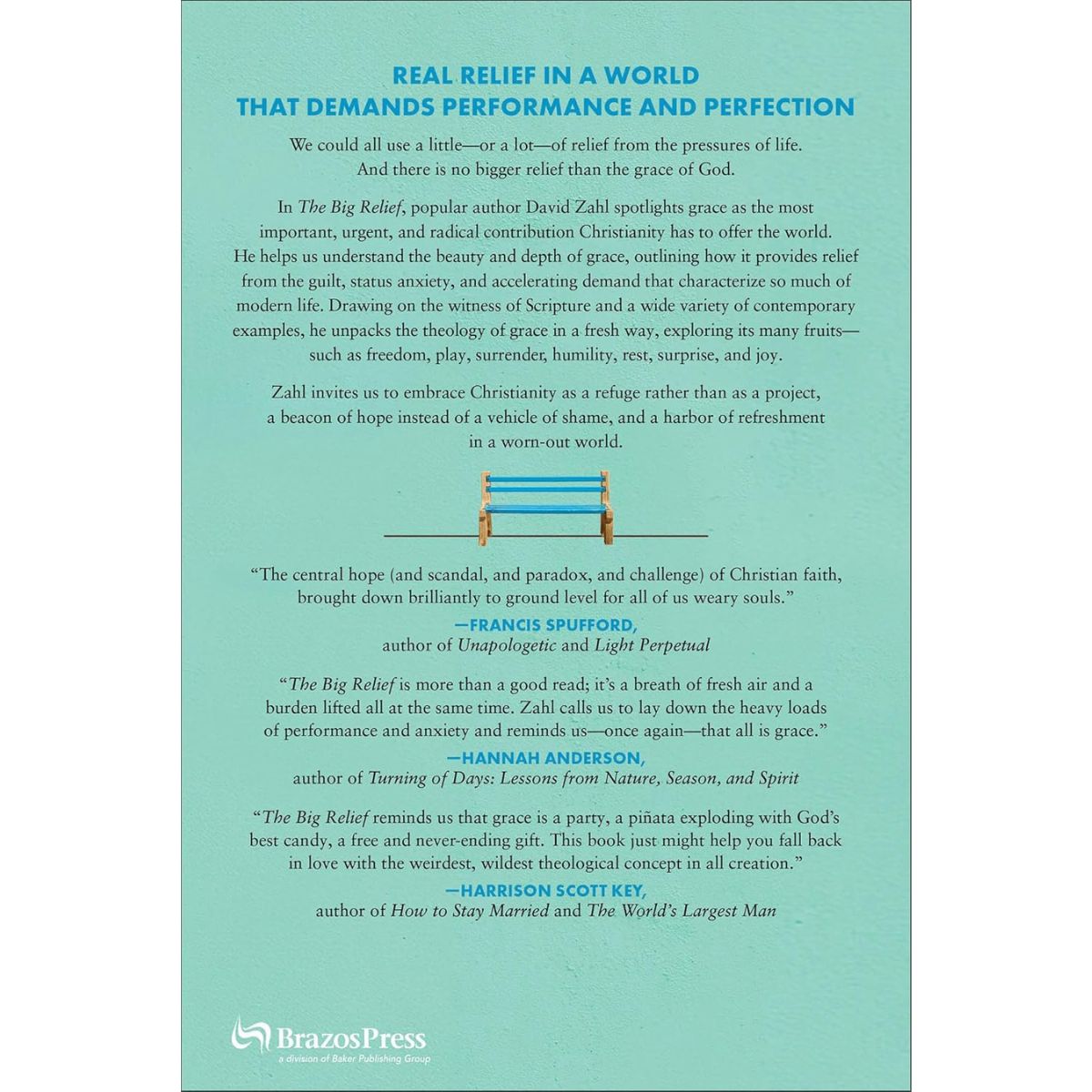Promotional text for 'The Big Relief' by David Zehl on a light blue background with Brazos Press logo.