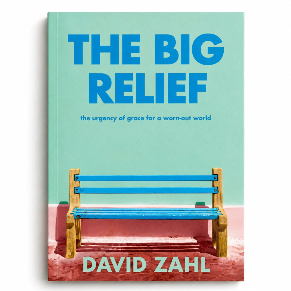 The Big Relief book by David Zahl, featuring a mint green cover with bold blue title text, a blue bench, and a pink ground, shown as a 3D book mockup against a white background.