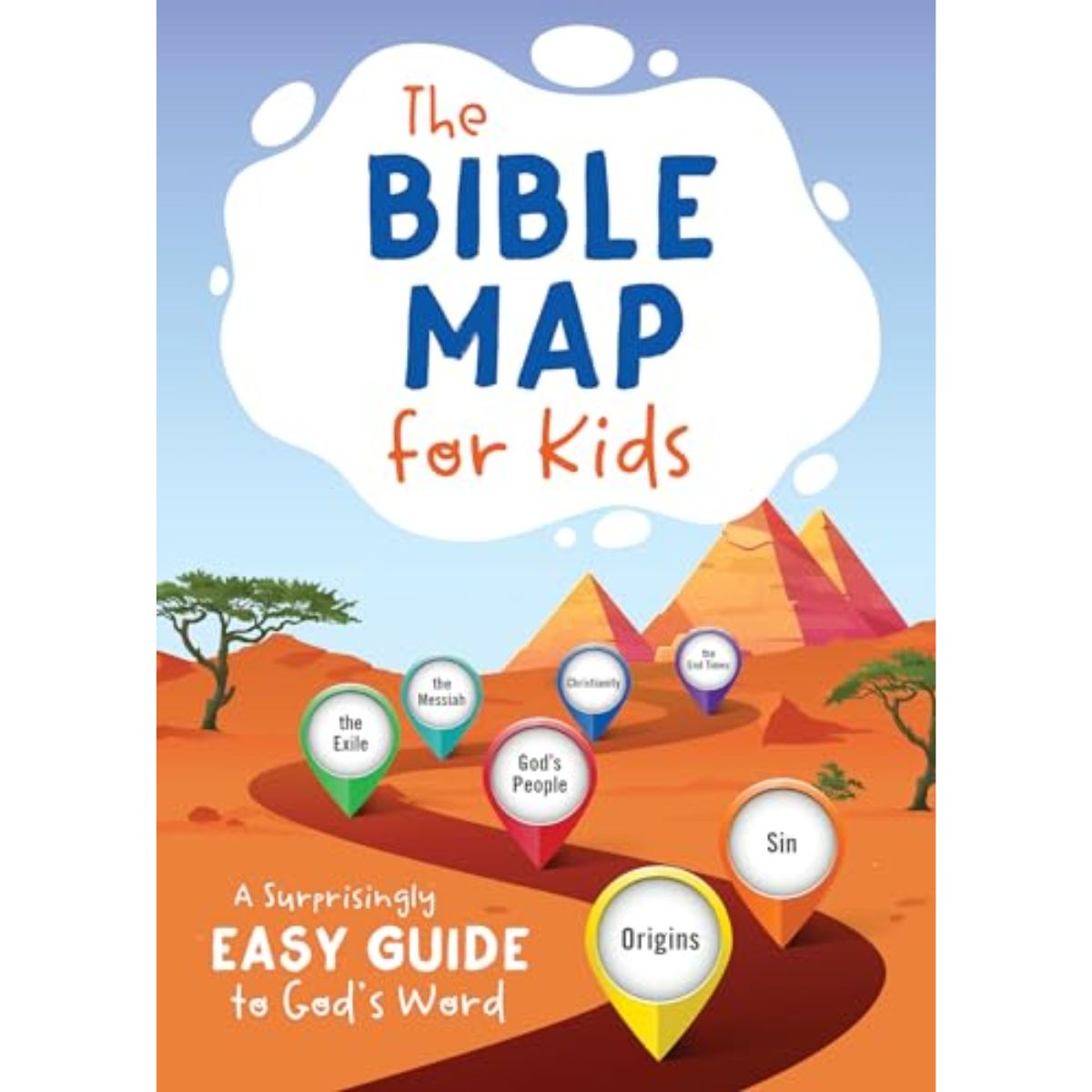 Book cover of 'The Bible Map for Kids' with a colorful illustration of a desert landscape and map markers.