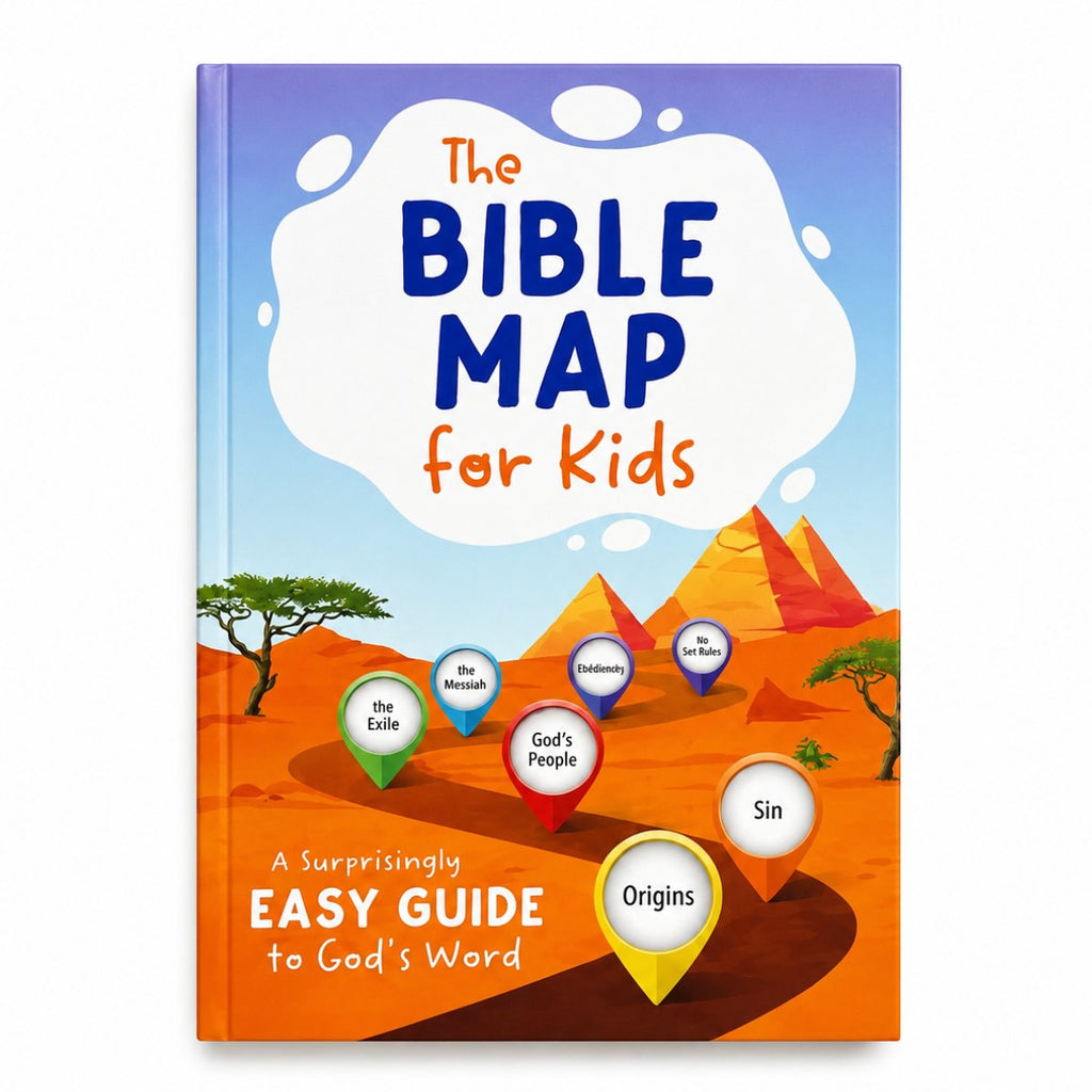 The Bible Map for Kids book cover shown on a plain white background. The cover features a colorful desert illustration with mountains, trees, and multiple labeled location-pin style icons including 'The Exile', 'The Promised', 'God's People', 'Sin', and 'Origins'.