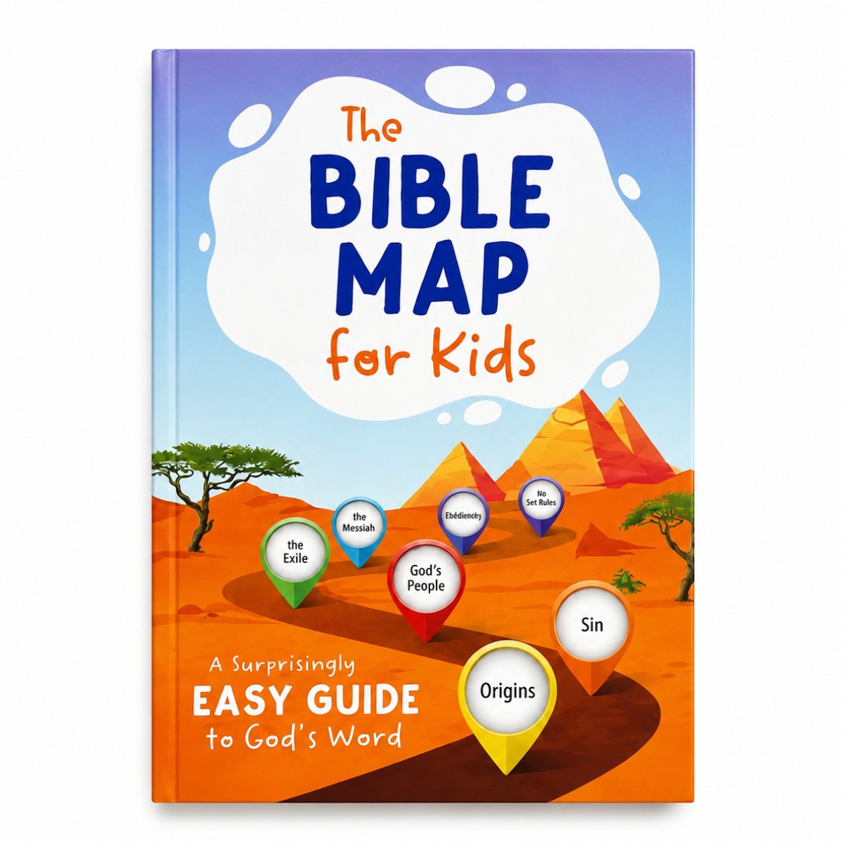 The Bible Map for Kids book cover shown on a plain white background. The cover features a colorful desert illustration with mountains, trees, and multiple labeled location-pin style icons including 'The Exile', 'The Promised', 'God's People', 'Sin', and 'Origins'.