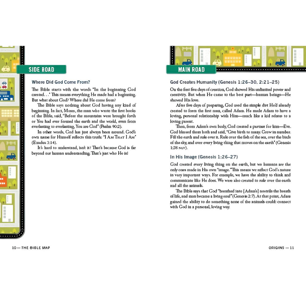 A two-page spread of a Bible map activity sheet titled 'Side Road' and 'Main Road' from 'The Bible Map' activity book. The pages feature a colorful map graphic with illustrations of a car, a house, and a person, alongside text boxes with Bible verses and questions for discussion.