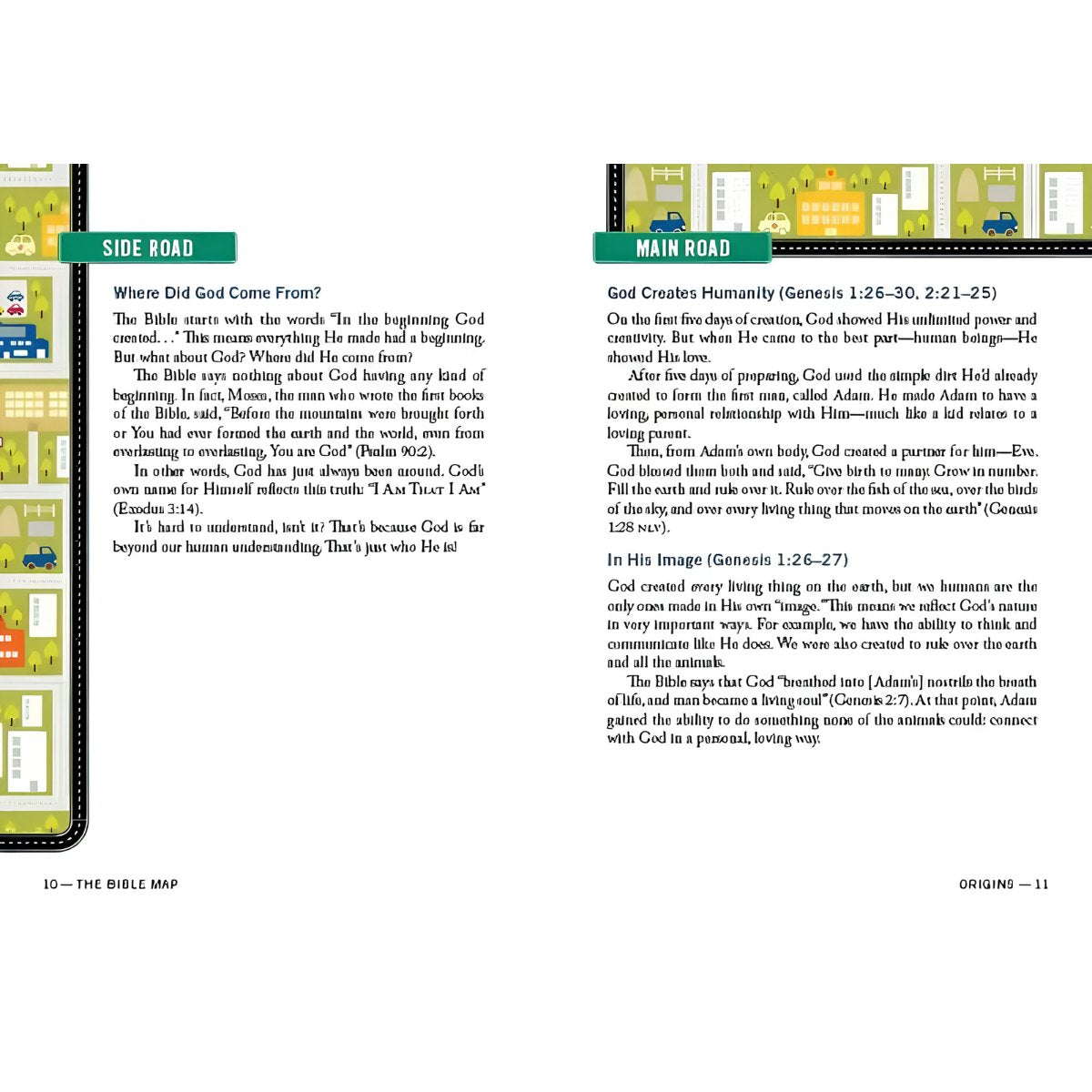 A two-page spread of a Bible map activity sheet titled 'Side Road' and 'Main Road' from 'The Bible Map' activity book. The pages feature a colorful map graphic with illustrations of a car, a house, and a person, alongside text boxes with Bible verses and questions for discussion.