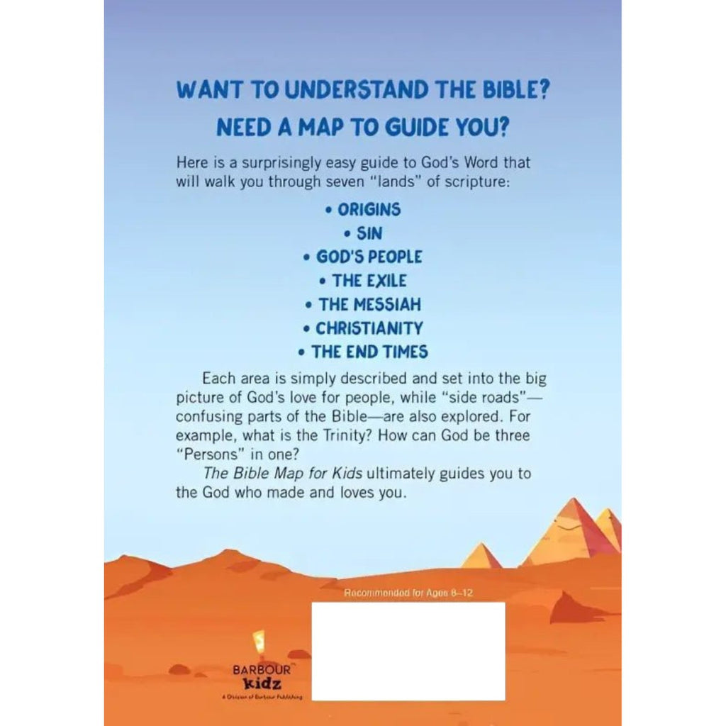 Back cover of a children's Bible guide book titled 'Want to Understand the Bible? Need a Map to Guide You?' with blue text on a light blue background, an orange desert landscape illustration at the bottom, and a white label area near the lower center.