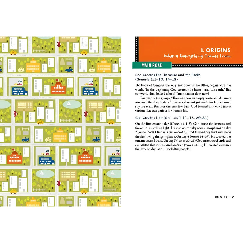 A printed booklet page titled 'L ORIGINS Where Everything Cams From' with a large grid chart on the left and explanatory text on the right. The page has a white background, teal and orange title bars, and many small illustrated panels in yellow, green, blue, and red.