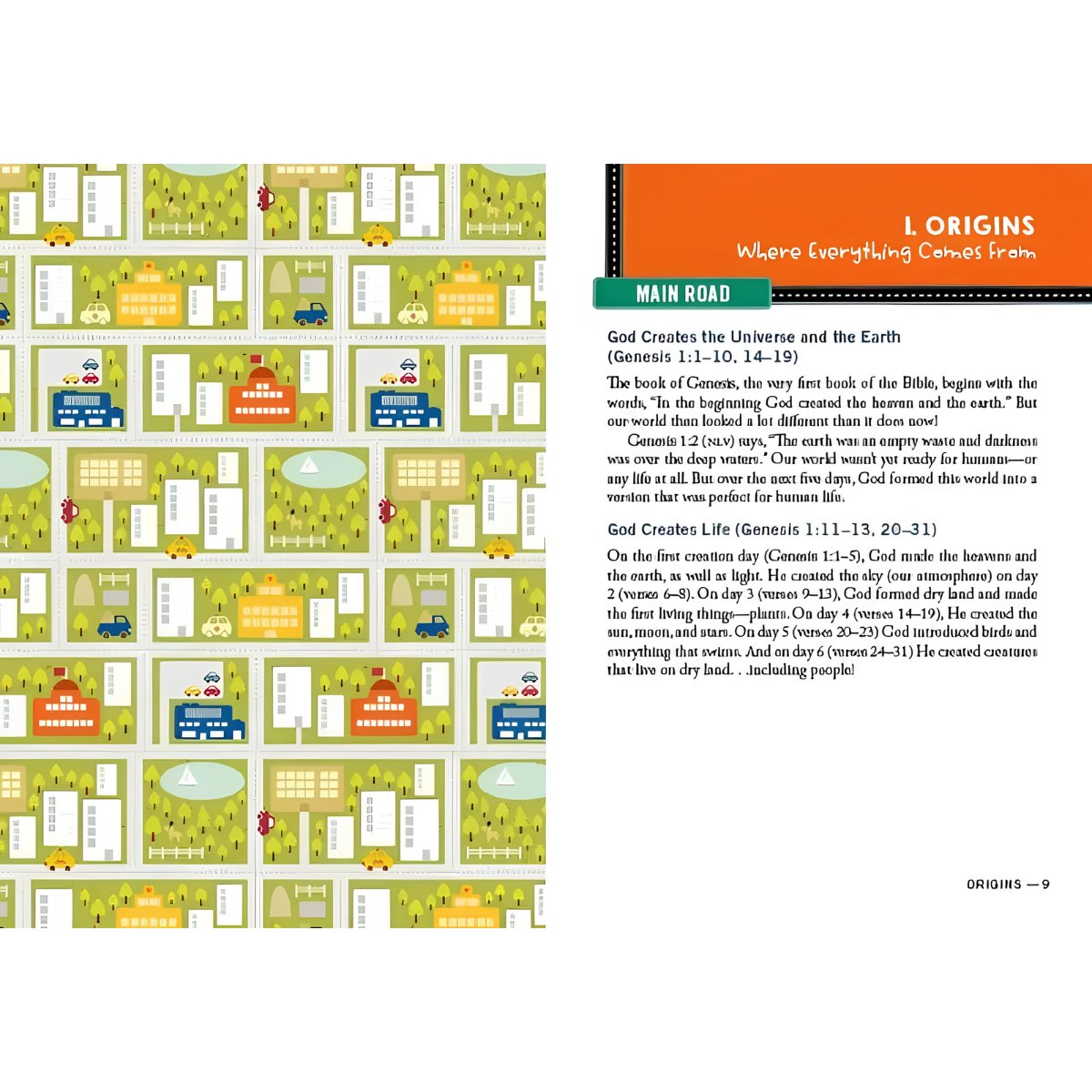 A printed booklet page titled 'L ORIGINS Where Everything Cams From' with a large grid chart on the left and explanatory text on the right. The page has a white background, teal and orange title bars, and many small illustrated panels in yellow, green, blue, and red.