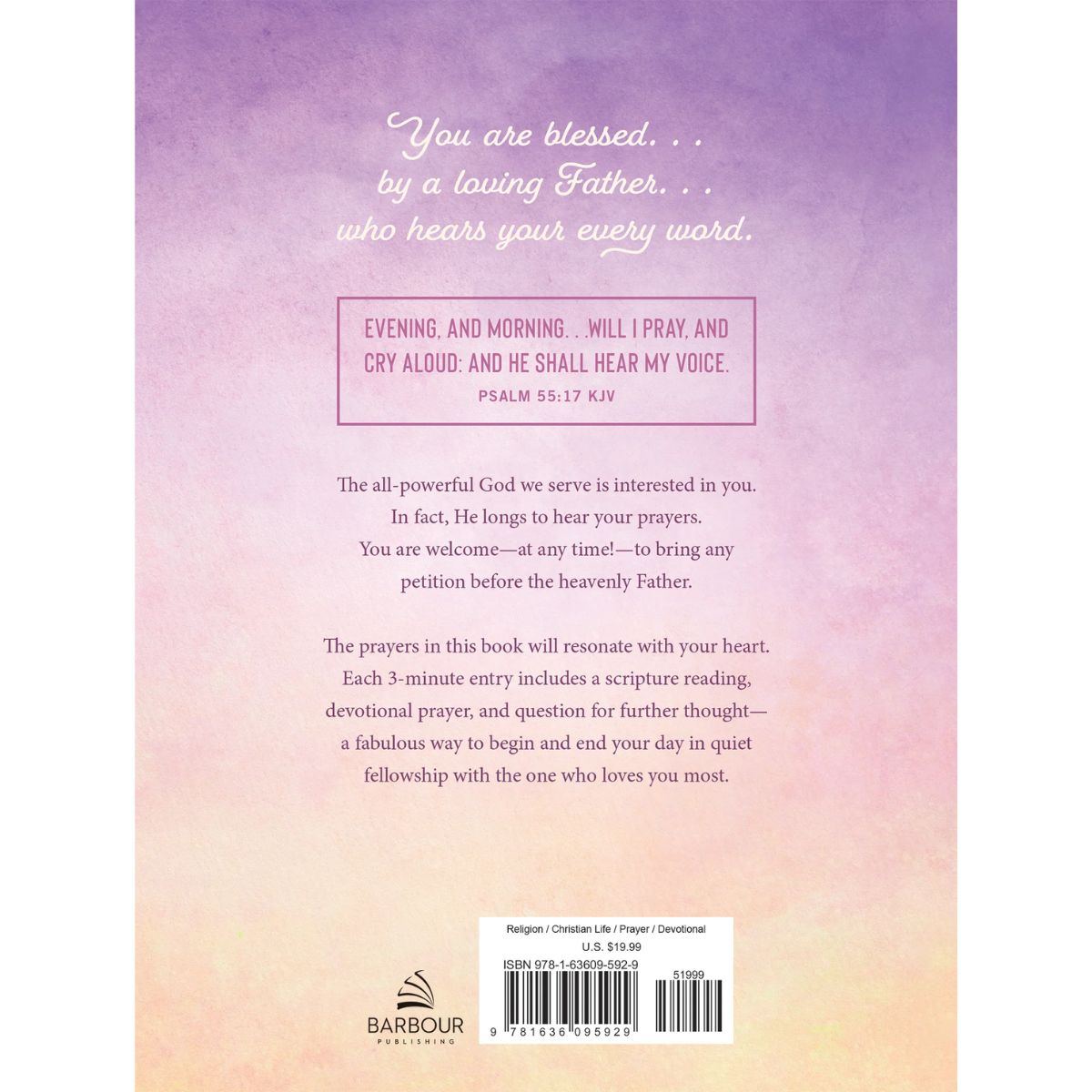 Back cover of a devotional book titled 'Evening and Morning' by Barbour Publications, featuring a purple-to-peach gradient background with white and pink text.