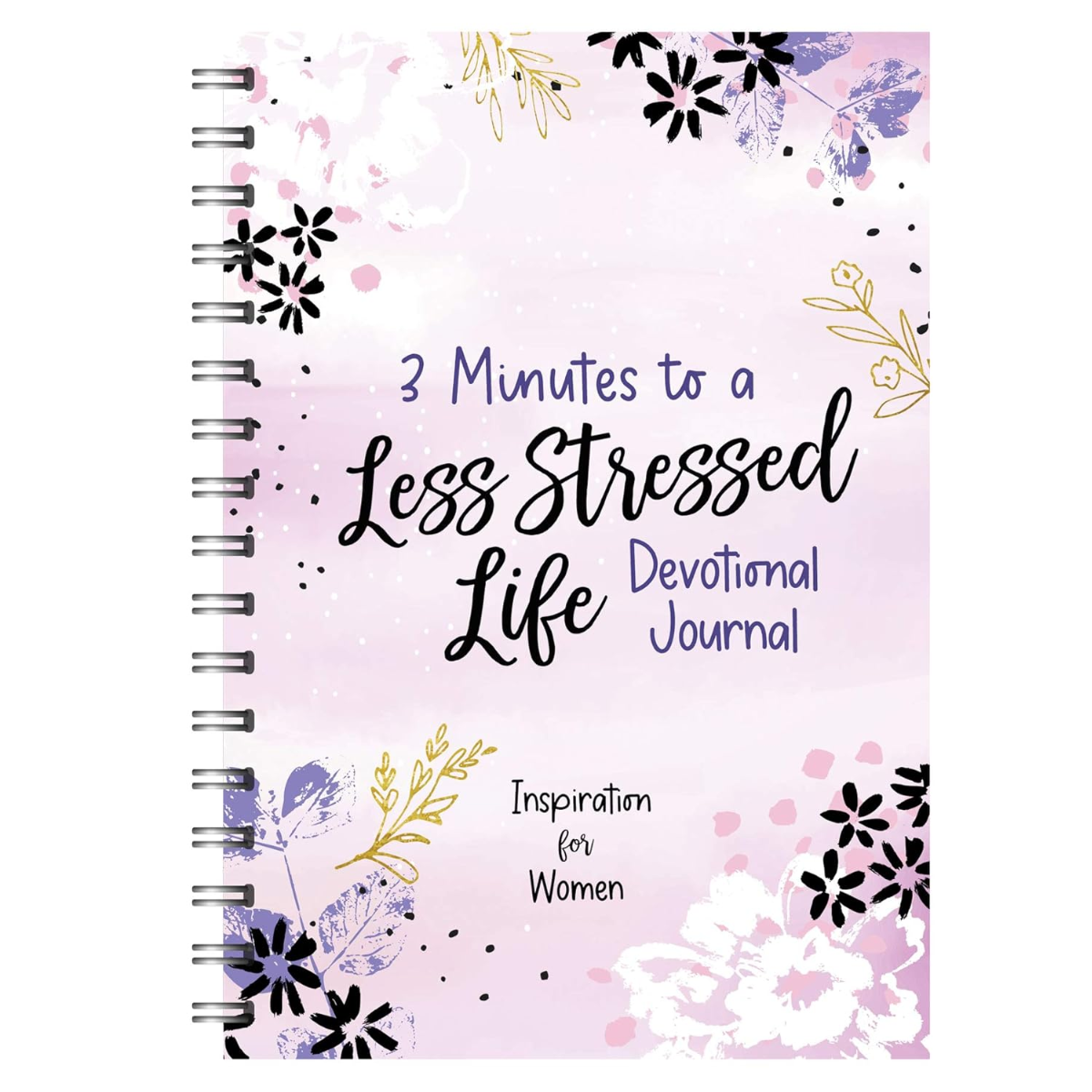 Devotional journal titled '3 Minutes to a Less Stressed Life' with floral designs on a white background