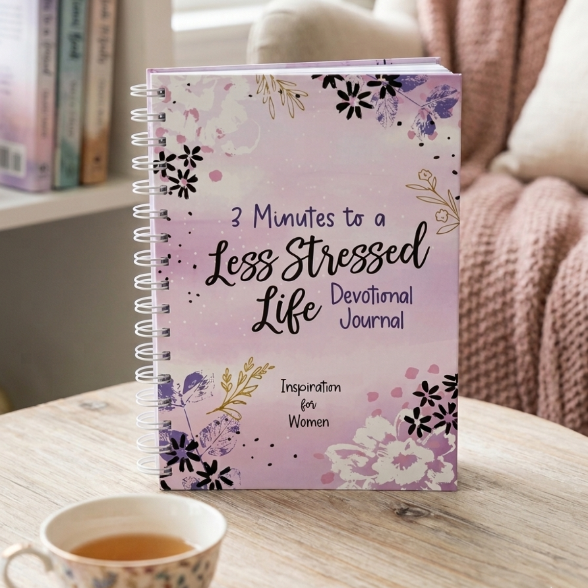 Devotional journal titled '3 Minutes to a Less Stressed Life' with floral designs on a coffee table with a cup of tea in a lounge room. 