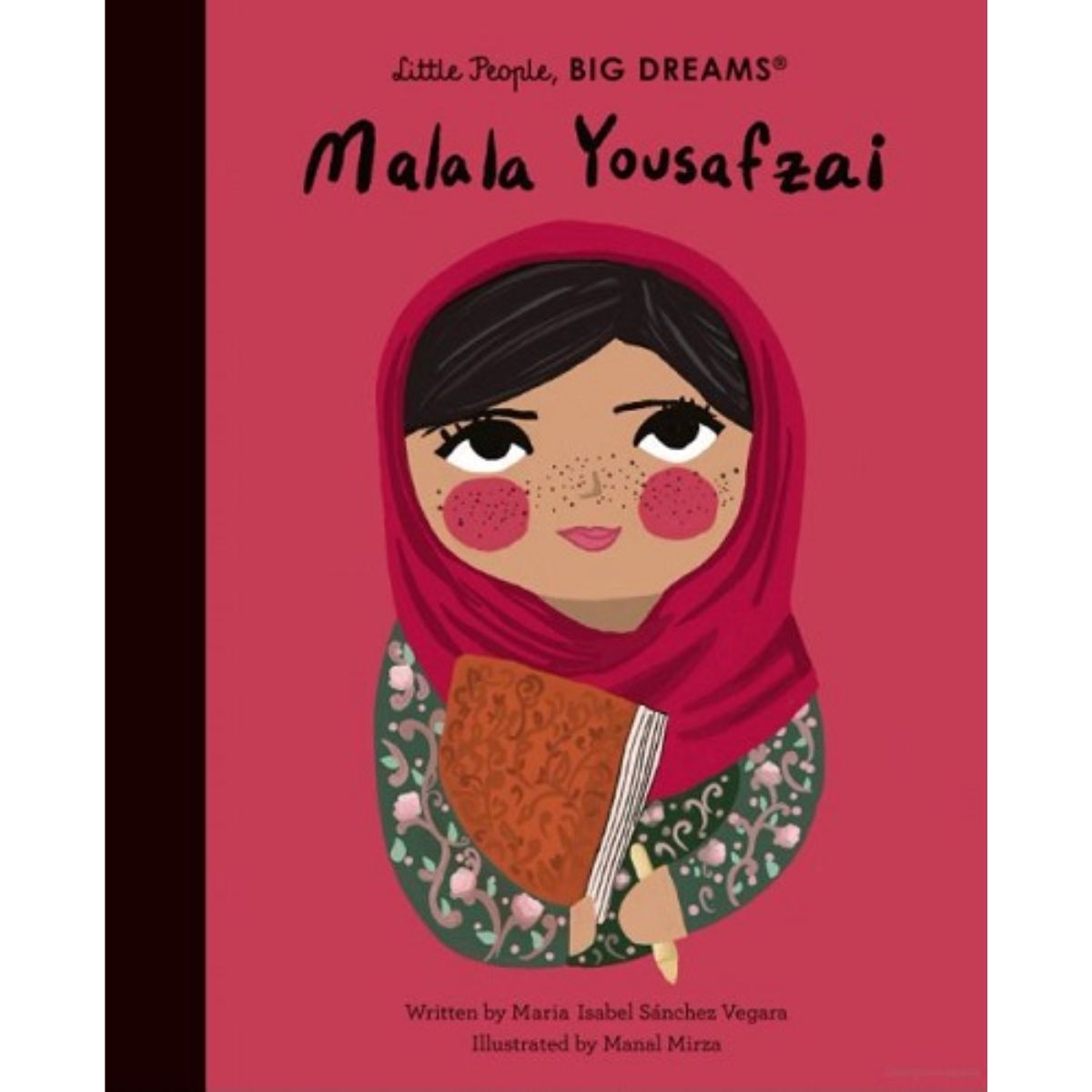 Book cover Malala Yousafxai with red background and cartoon character of Malala in the middle holding a book