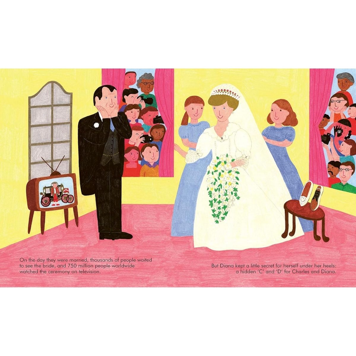 A children's book illustration page showing a bride in a white gown and veil holding green leaves, standing beside a groom in a black suit. Other figures are visible in the background, including a woman in a blue dress and a small stool with white shoes.