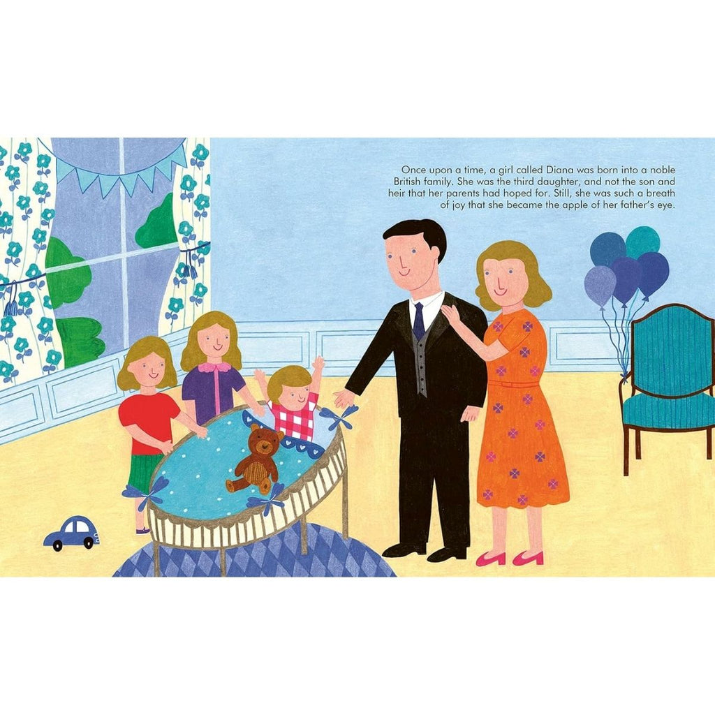 A colorful illustrated book page showing a family scene with a man in a black suit, a woman in an orange dress, and three children around a blue bassinet. There is printed text on the right side and a chair near the window on the left.