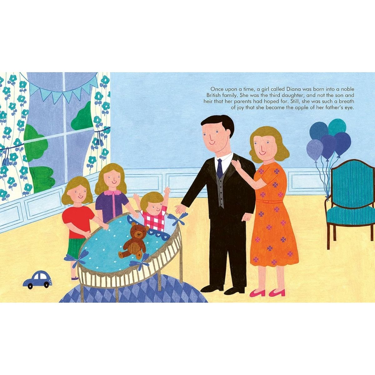 A colorful illustrated book page showing a family scene with a man in a black suit, a woman in an orange dress, and three children around a blue bassinet. There is printed text on the right side and a chair near the window on the left.