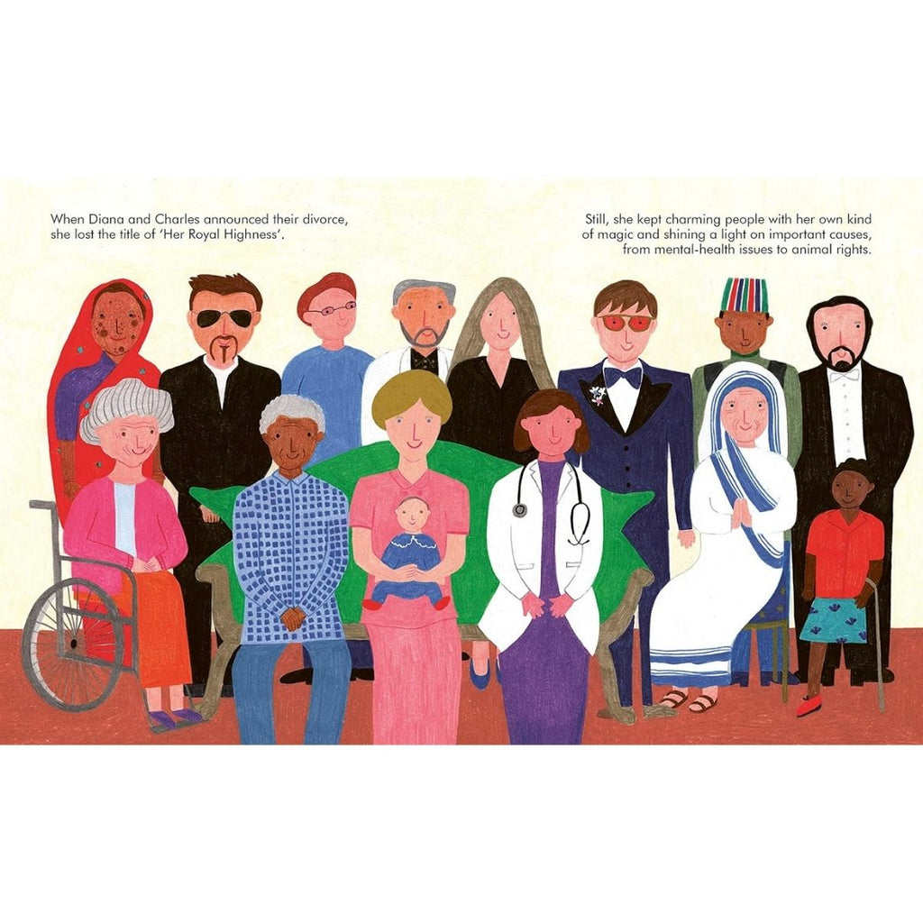 A colorful illustrated book or poster panel showing a group of people seated and standing together, with short text blocks at the top left and right. The artwork uses a warm cream background and includes figures in formal and casual clothing, with one person in a wheelchair and another in a white robe holding a baby.