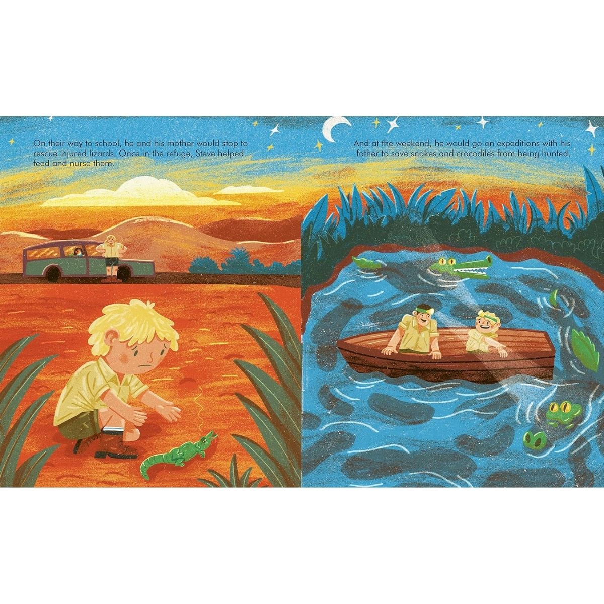 Illustrated book page with two scenes: a boy playing with a green creature on land and two children in a boat on water.