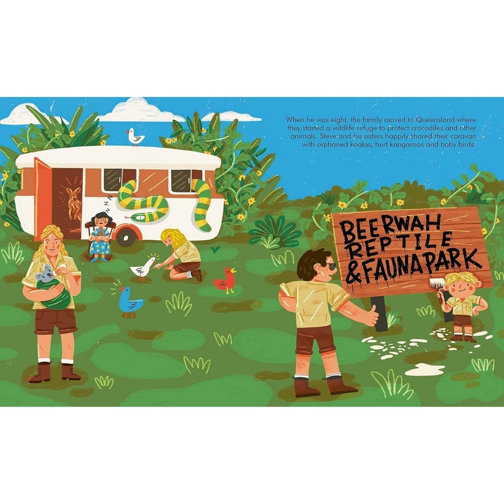 A colorful children's board book illustration showing a family at a safari park with a white safari caravan, green grass, trees, and a wooden sign reading 'BEERWAH REPTILE & FAUNA PARK.'.