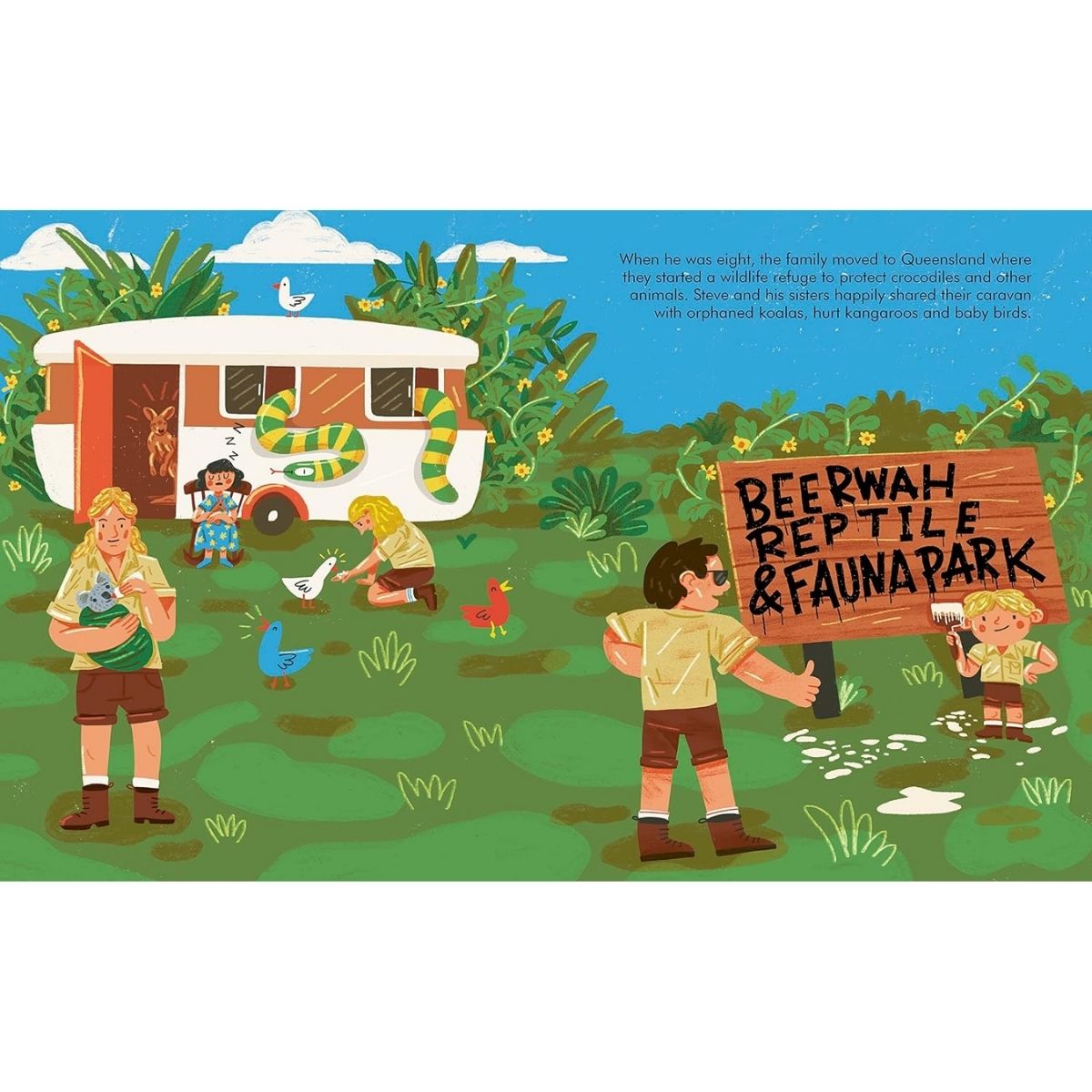 A colorful children's board book illustration showing a family at a safari park with a white safari caravan, green grass, trees, and a wooden sign reading 'BEERWAH REPTILE & FAUNA PARK.'.